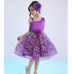 Purple violet turquoise fuchsia hot pink red sequined paillette flower girls kids children princess party performance modern jazz dance costumes dresses
